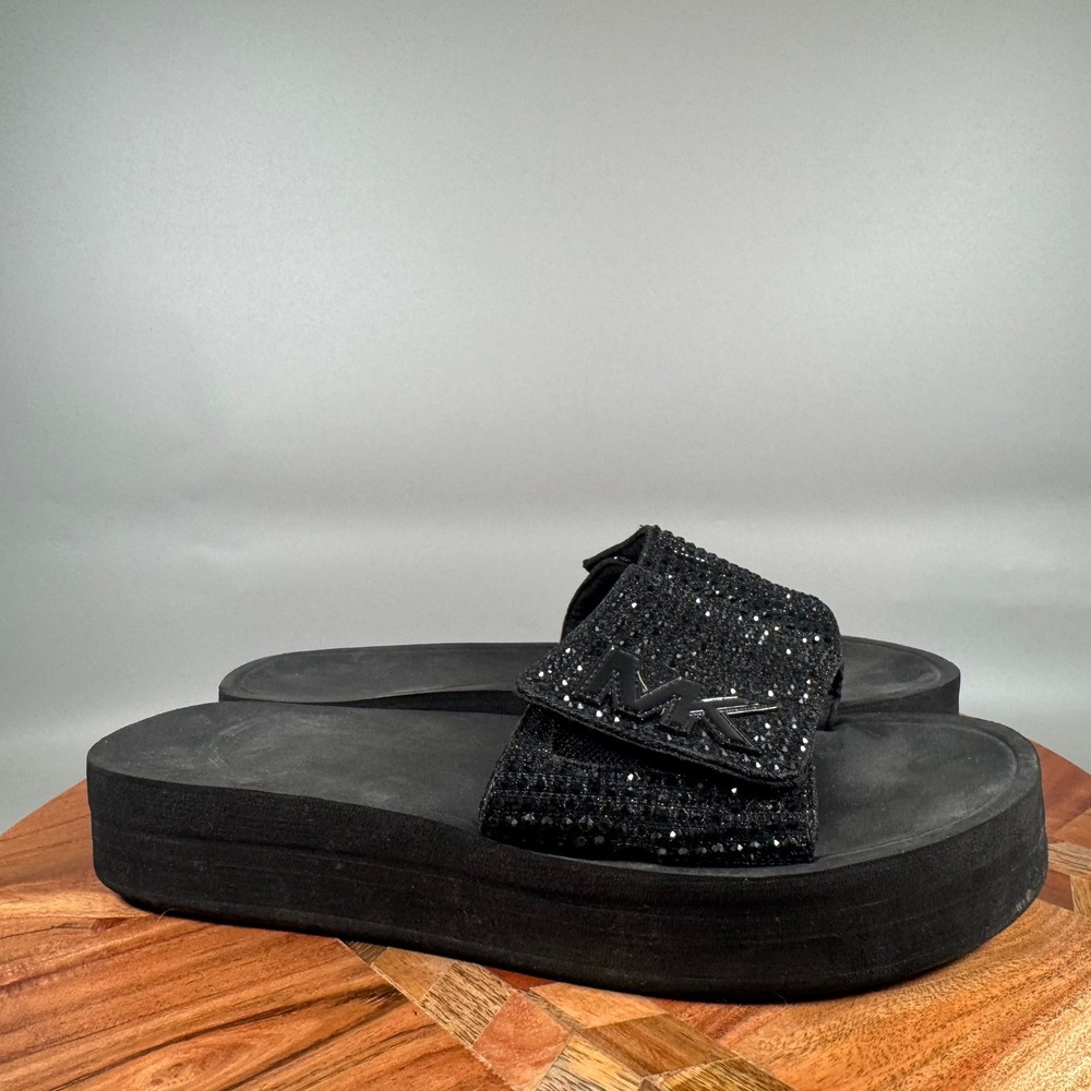 Michael Kors Black Crystal Platform Slide Sandals MK Logo Sparkle Women 7.5
